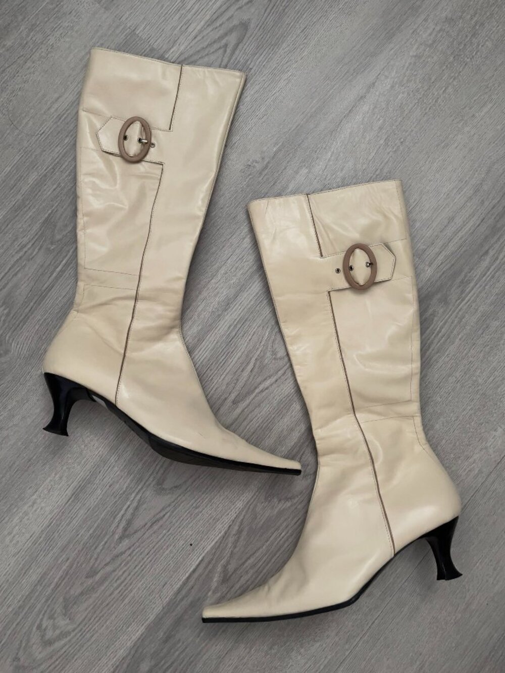 Vintage Genuine Leather Pointed Toe Knee High Calf Kitten Heel Boots Beige